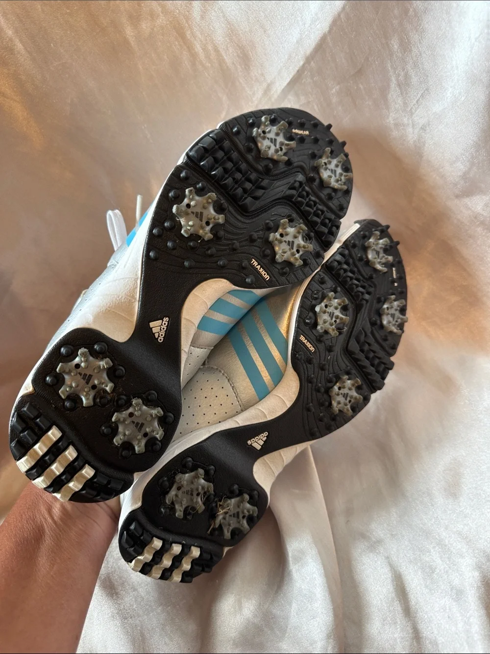 Women’s adidas Golf sling back shoes in metallic silver and blue